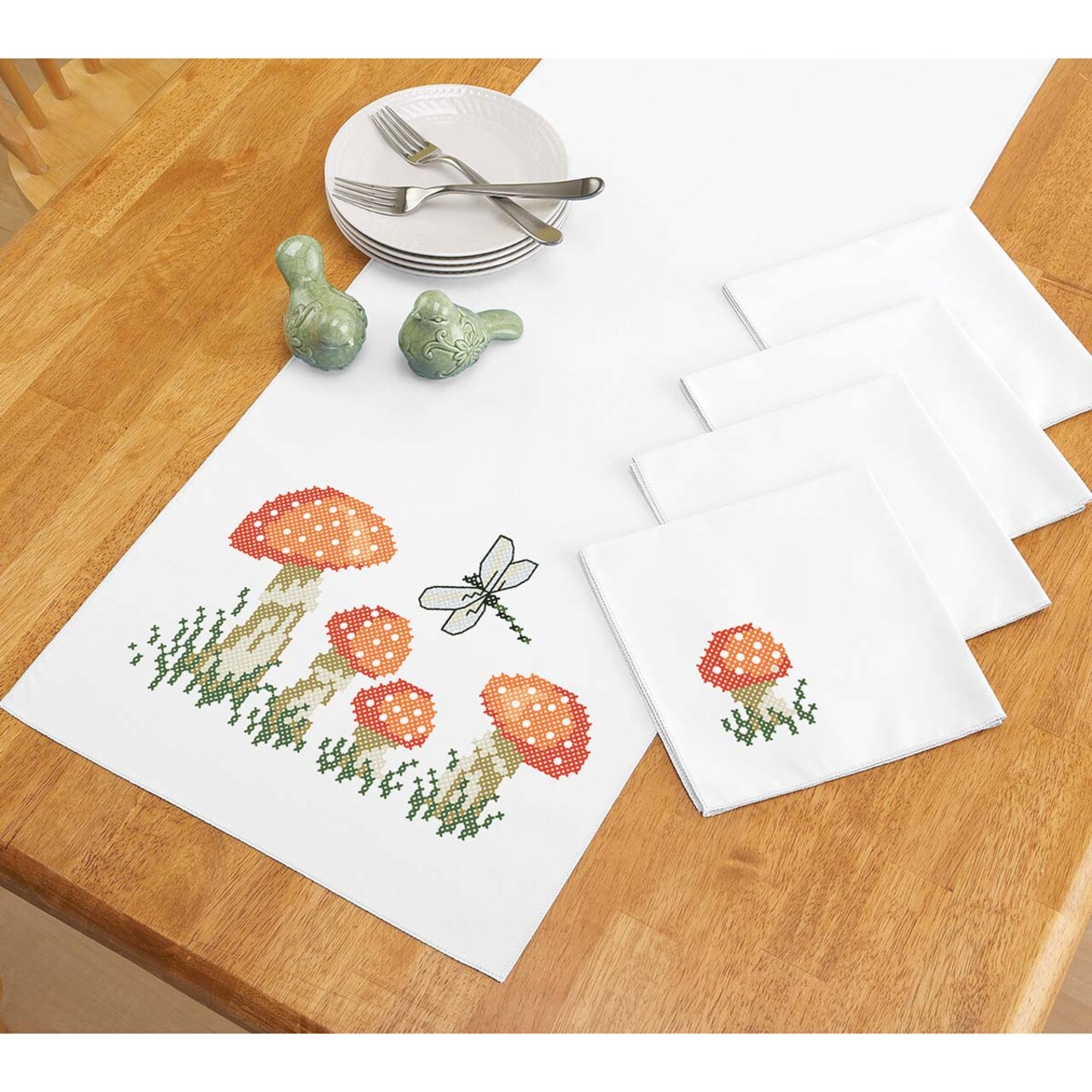 Herrschners Mushroom Forest Runner & Napkins Stamped Cross-Stitch